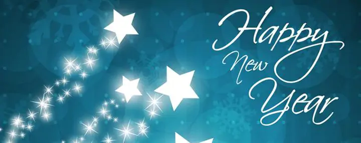 A digital illustration with glowing white stars forming a tree shape on a blue background, featuring the text Happy New Year in elegant white script.