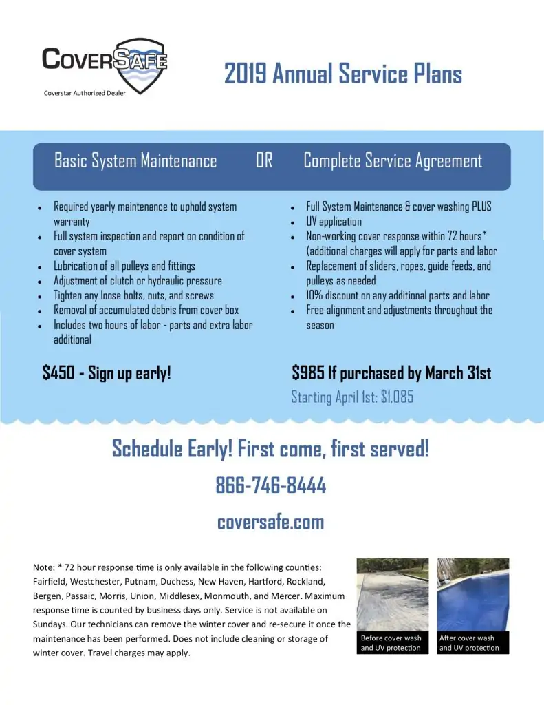 CoverSafe Pool Service Plans flyer detailing Basic and Complete Service options, pricing ($450/$985), features, contact info, and a note about coverage area and scheduling. Blue and white color scheme with company logo at the top.