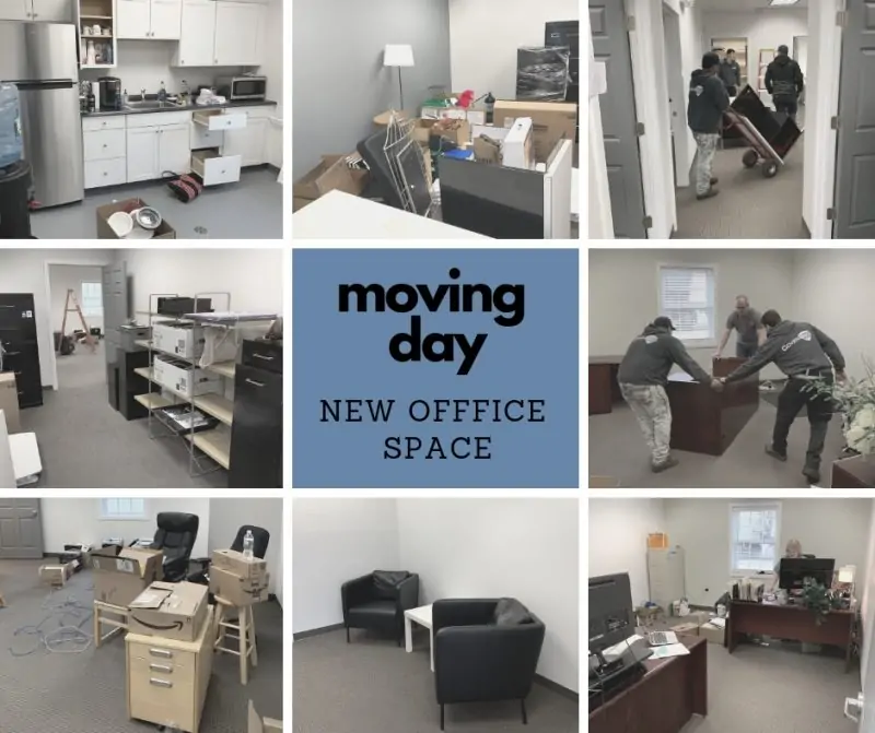 A collage shows office furniture, boxes, and equipment being packed and moved by workers, with the text “moving day – new office space” in the center. Some rooms are empty, others have scattered items and office chairs.