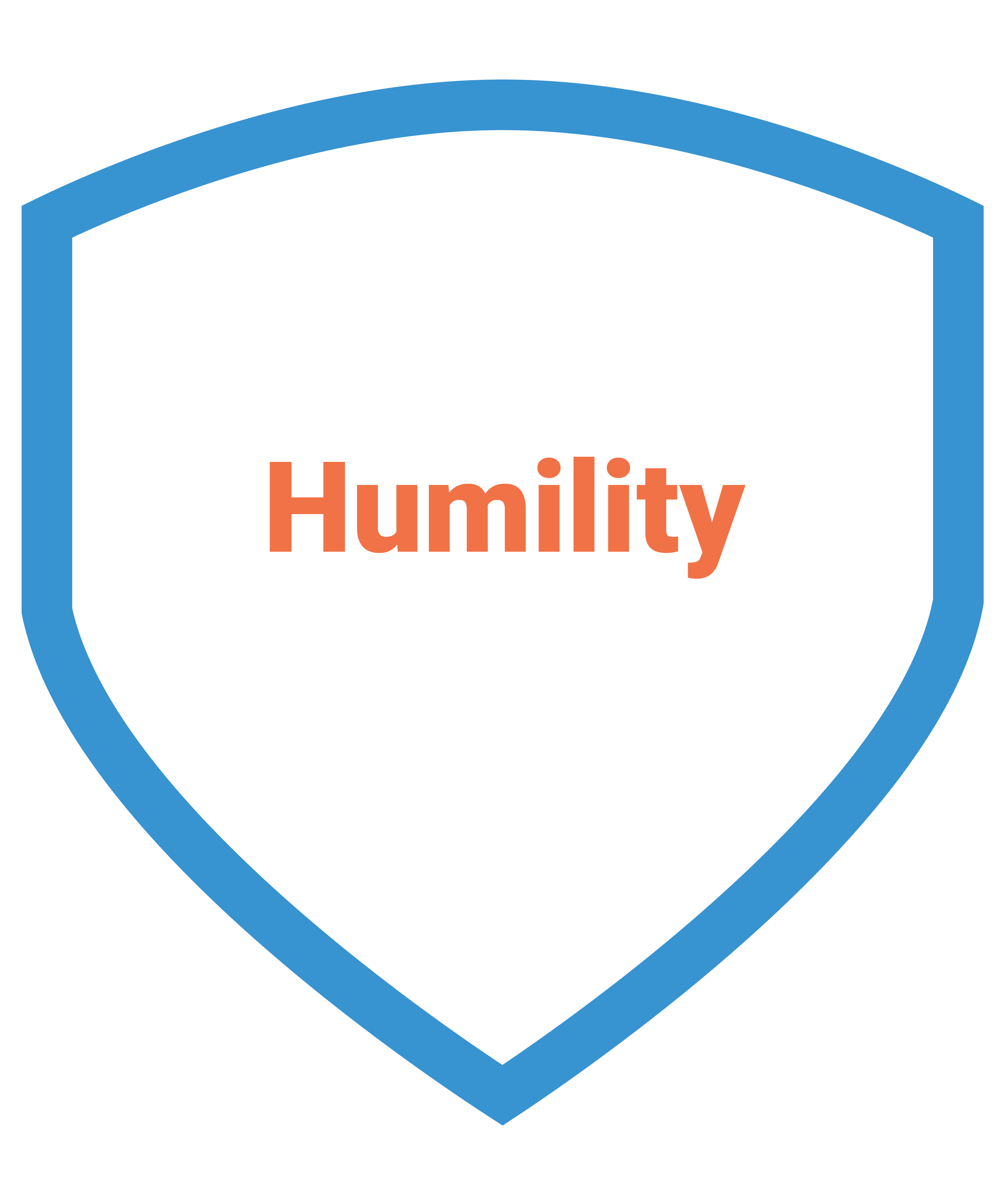 About the company - Our values - The word "Humility" in orange text surrounded by a blue shield outline.