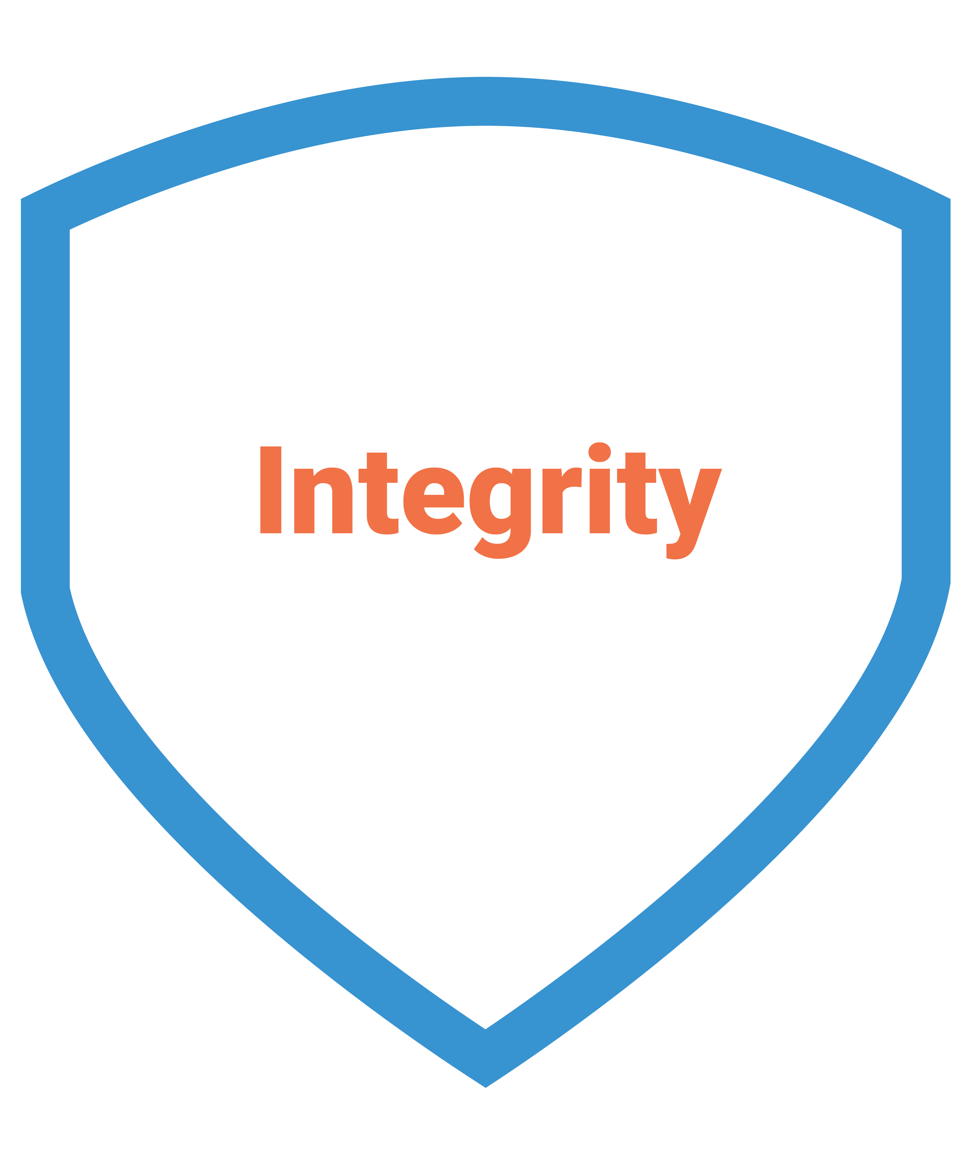 About the company - Our values - The word "Integrity" in orange text surrounded by a blue shield outline.