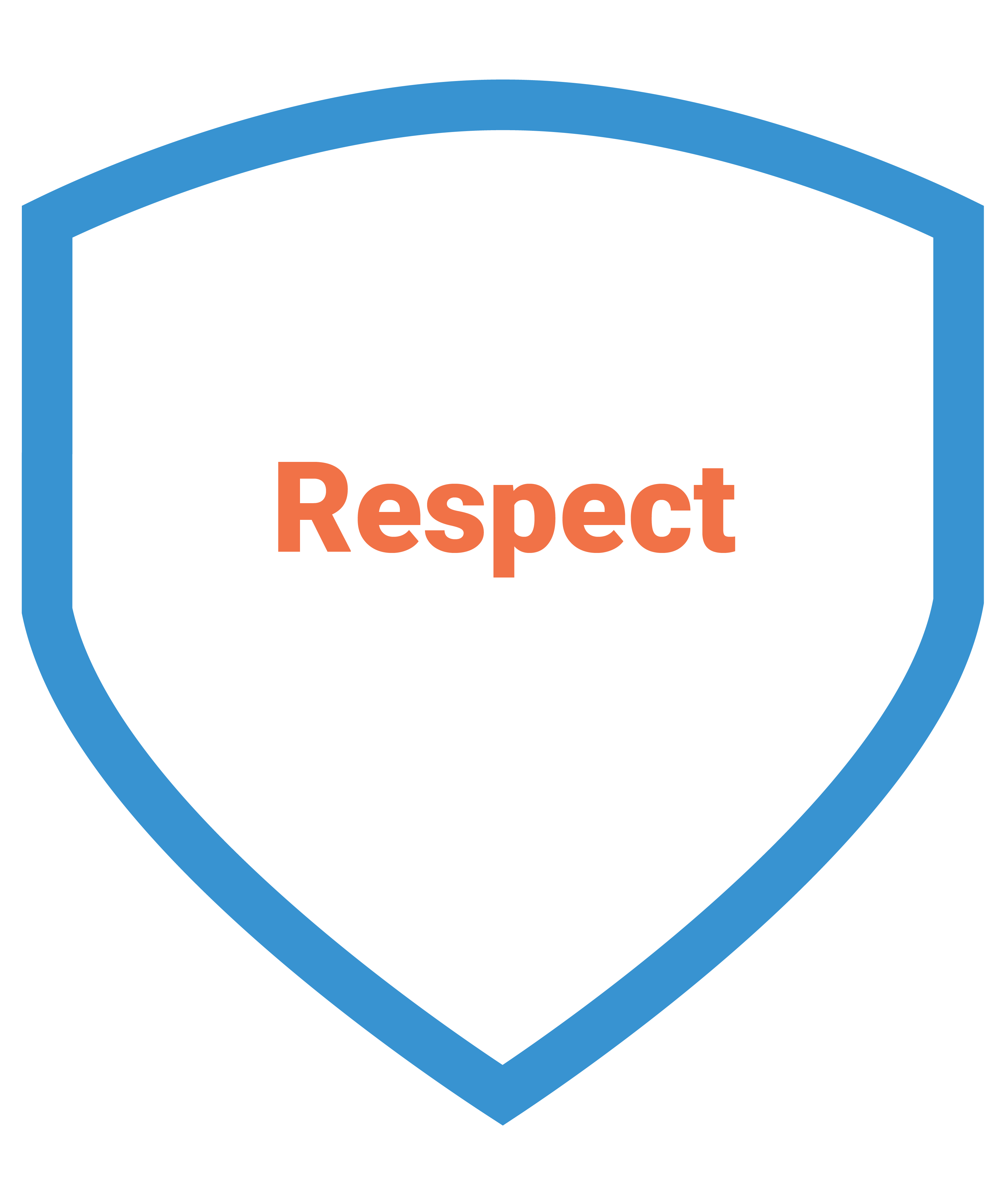 About the company - Our values - The word "Respect" in orange text surrounded by a blue shield outline.