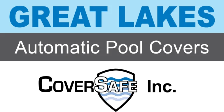 Logo for Great Lakes Automatic Pool Covers, featuring bold blue and gray text and a shield emblem with wave patterns, along with the CoverSafe Inc. name.