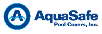 AquaSafe Pool Covers, Inc. logo featuring a bold blue A with waves inside a blue circle, and the company name in blue text to the right.