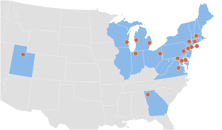 A map of the United States highlights several northeastern and midwestern states in light blue, with red dots marking specific locations in the Midwest, Northeast, Georgia, and Colorado.