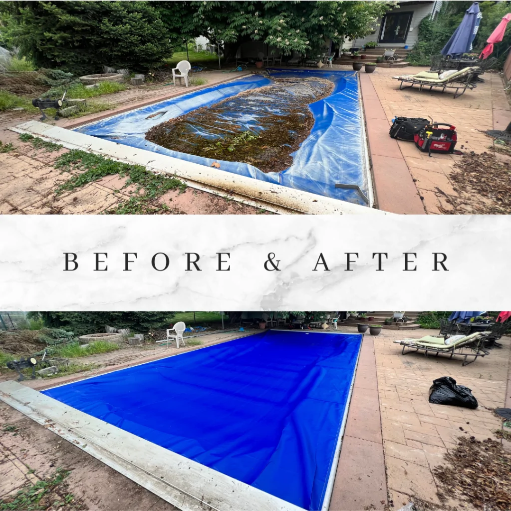 Before and after photos of a backyard pool: the top shows a dirty, debris-covered pool with an old cover, while the bottom shows the same pool clean and neatly covered with a bright blue cover.