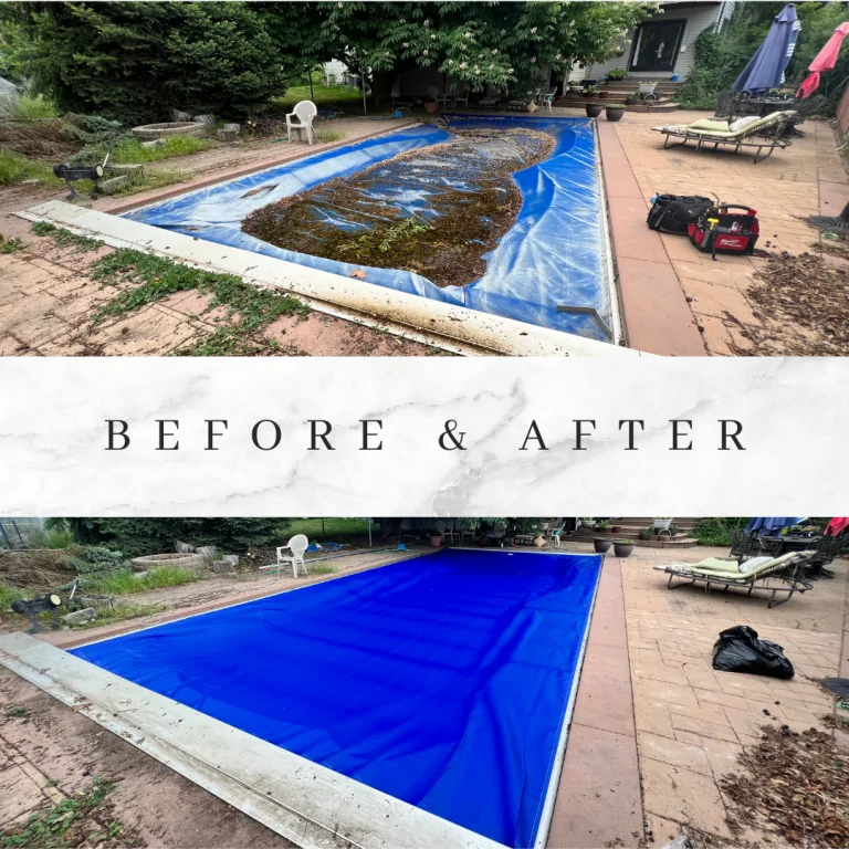 Before and after photos of a backyard pool: the top shows a dirty, debris-covered pool with an old cover, while the bottom shows the same pool clean and neatly covered with a bright blue cover.