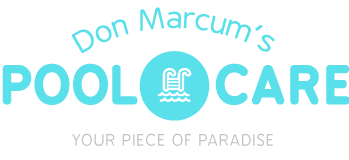 Logo for Don Marcum’s Pool Care with a blue swimming pool icon between the words “POOL” and “CARE,” and the tagline “Your Piece of Paradise” below.