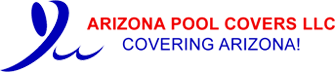 Logo for Arizona Pool Covers LLC featuring a blue abstract wave and red text reading ARIZONA POOL COVERS LLC with blue text below stating COVERING ARIZONA! on a light background.
