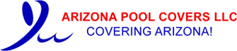 Logo for Arizona Pool Covers LLC featuring a blue abstract wave and red text reading ARIZONA POOL COVERS LLC with blue text below stating COVERING ARIZONA! on a light background.