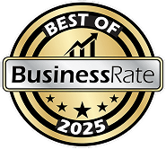 A gold and black circular badge reads Best of BusinessRate 2025 with a rising bar graph icon above the text and five stars at the bottom.