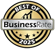 A gold and black circular badge reads Best of BusinessRate 2025 with a rising bar graph icon above the text and five stars at the bottom.