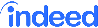 The image shows the blue Indeed logo with a curved line above the letter i on a light background.