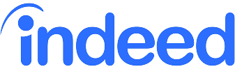 The image shows the blue Indeed logo with a curved line above the letter i on a light background.