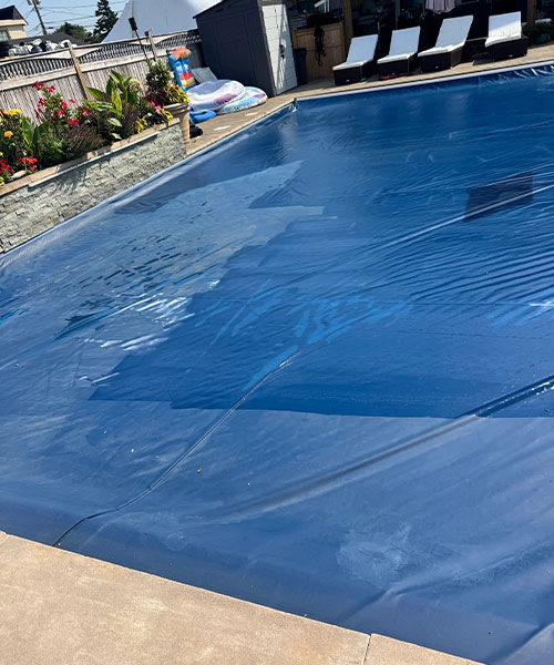 A backyard swimming pool covered with a blue safety cover, surrounded by lounge chairs, a stone wall with flowers, and a small shed in the background on a sunny day.