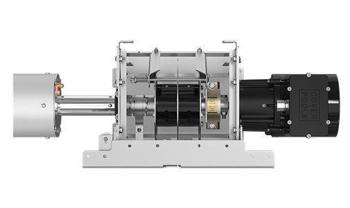 A cross-sectional view of a mechanical motor assembly mounted on a base, showing internal gears, cylindrical components, and a black motor labeled COVER POOLS on the right side.