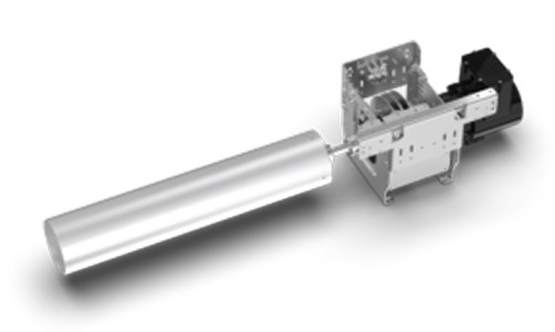 A metal cylindrical roller is attached to a mechanical assembly with gears, brackets, and a motor, likely used for automated material handling or rolling applications.