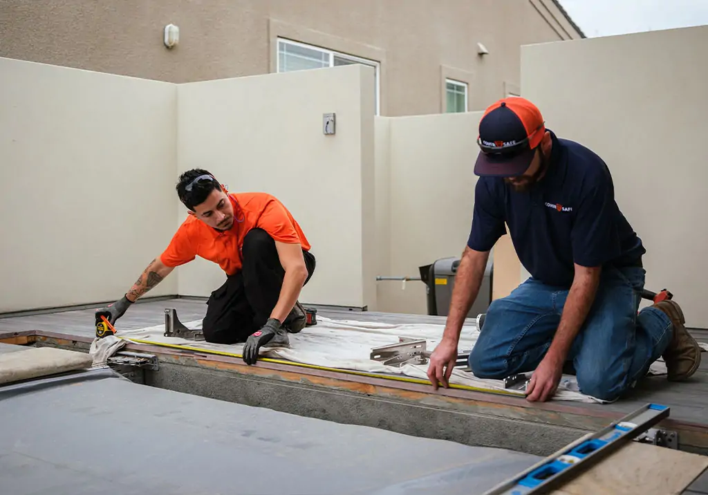 Two workers kneel on the ground measuring and working on a rectangular outdoor structure. Both wear gloves and safety glasses; one is in an orange shirt, the other in a navy shirt and cap. Tools and building materials are visible.